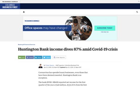 Huntington Bank income dives 87% on Covid-19 crisis ...