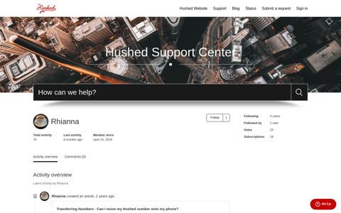 User profile for Rhianna – Hushed Support