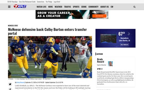 McNeese defensive back Colby Burton enters transfer portal