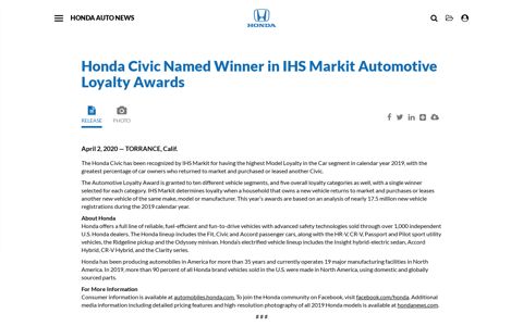 Honda Civic Named Winner in IHS Markit Automotive Loyalty ...
