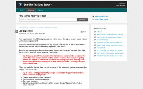 LOG ON SCREEN : Guardian Tracking Support