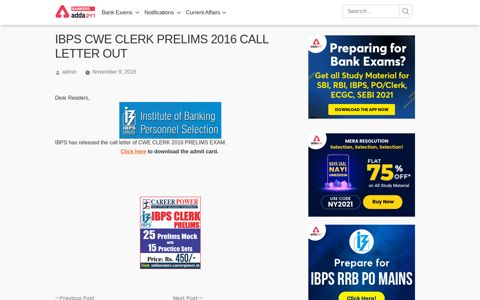 IBPS CWE CLERK PRELIMS 2016 CALL LETTER OUT