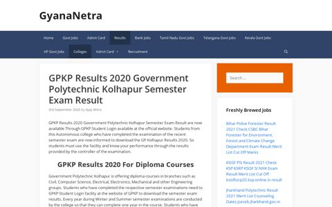 GPKP Results 2020 Government Polytechnic Kolhapur ...