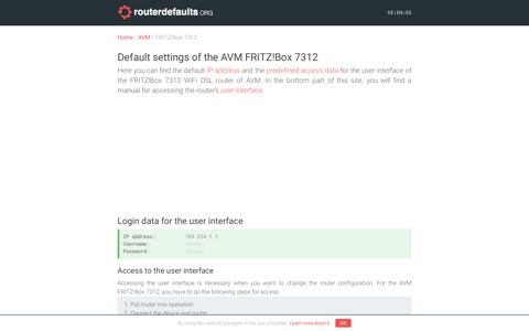 Default settings of the AVM FRITZ!Box 7312