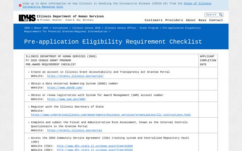 Pre-application Eligibility Requirement Checklist - IDHS