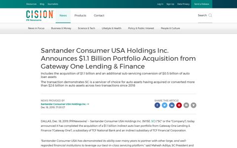 Santander Consumer USA Holdings Inc. Announces $1.1 ...