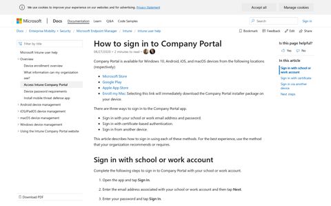 How to sign in to Company Portal app | Microsoft Docs