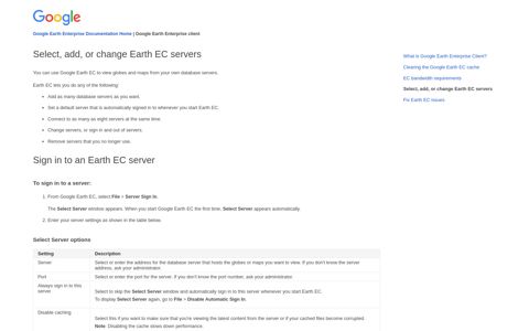 Select, add, or change Earth EC servers - Google Earth ...