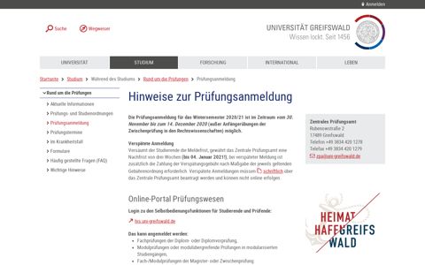 Prüfungsanmeldung - Universität Greifswald - Uni Greifswald
