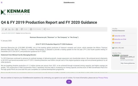 Q4 & FY 2019 Production Report and FY 2020 Guidance ...