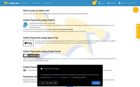 Payment methods - Joker.com