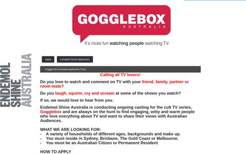 Goggle Box Australia Application Form - MyCastingNet