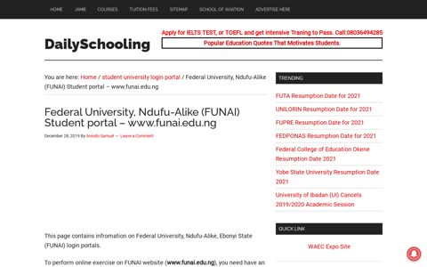 Federal University, Ndufu-Alike (FUNAI) Student portal - www ...