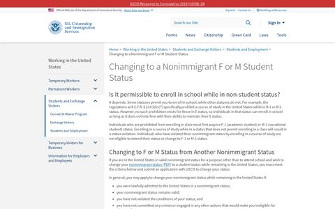 Changing to a Nonimmigrant F or M Student Status | USCIS