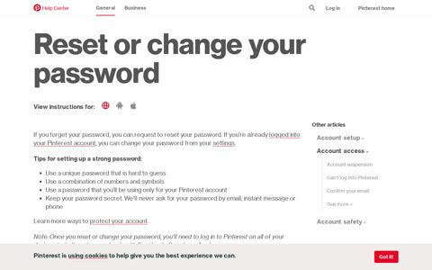 Reset or change your password | Pinterest help