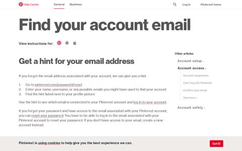 Find your account email | Pinterest help