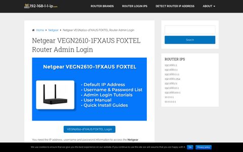 Netgear VEGN2610-1FXAUS FOXTEL Router Admin Login