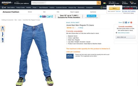 Buy Jovial Mart Men Regular Fit Jeans (JJL9_36, Light Blue ...