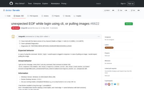 unexpected EOF while login using cli, or pulling images ...
