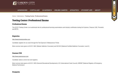 Testing Center: Professional Exams - Garden City Community ...