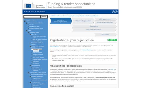 Registration of organisation - H2020 Online Manual