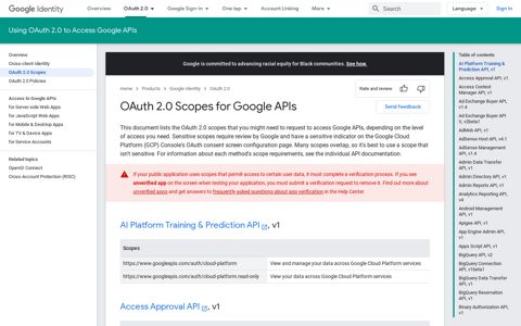 OAuth 2.0 Scopes for Google APIs | Google Identity | Google ...