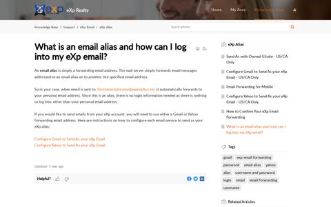 What is an email alias and how can I log into my eXp email?