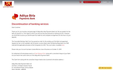 Discontinuation of banking services - Aditya Birla Group