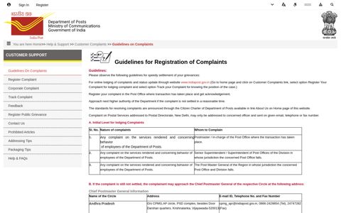 Guidelines on Complaints - India Post