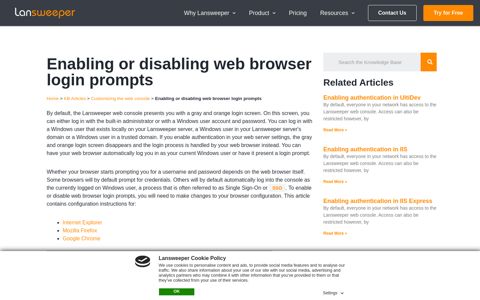 Enabling or disabling web browser login prompts | Lansweeper