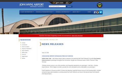 JOHN WAYNE AIRPORT INTRODUCES FREE WI-FI SERVICE
