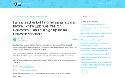 I am a teacher but I signed up as a parent before I knew Epic ...