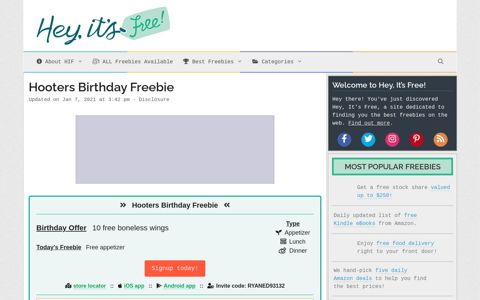 Hooters Birthday Freebie • Hey, It's Free!