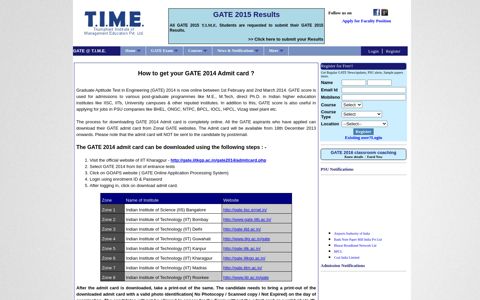 GATE Admit card 2014 Download Hall Ticket Zonal GATE ...