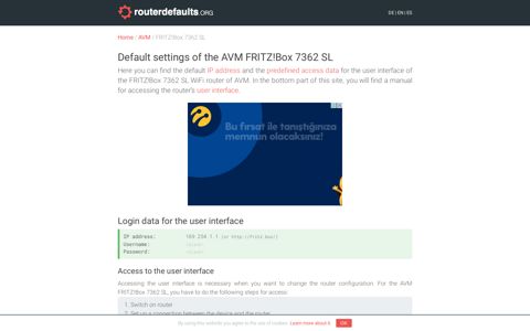 Default settings of the AVM FRITZ!Box 7362 SL
