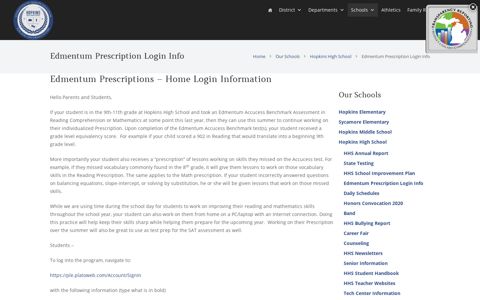 Edmentum Prescription Login Info - Hopkins Public Schools