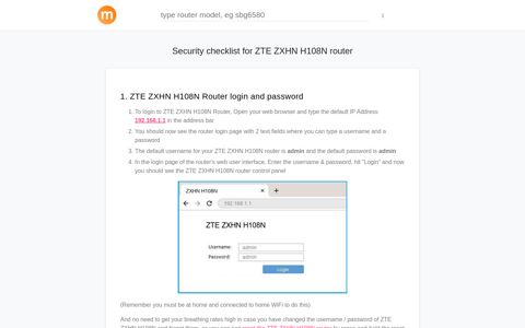 192.168.1.1 - ZTE ZXHN H108N Router login and password