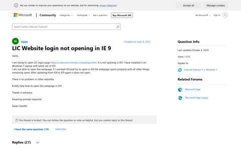 LIC Website login not opening in IE 9 - Microsoft Community
