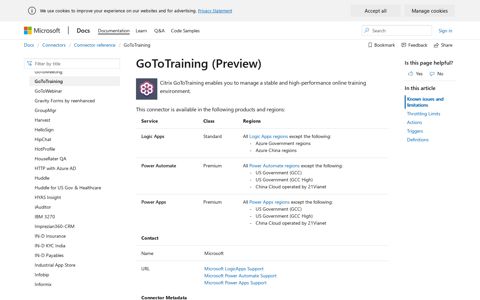 GoToTraining - Connectors | Microsoft Docs