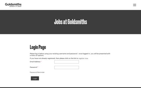 Login Page - Jobs system, Goldsmiths, University of London