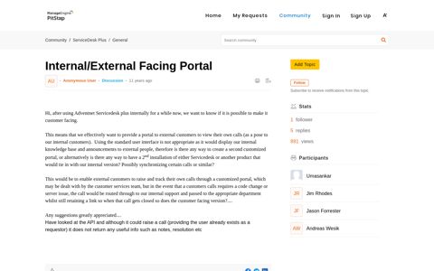 Internal/External Facing Portal - ManageEngine Pitstop