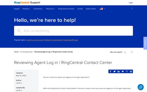 Reviewing Agent Log in | RingCentral Contact Center