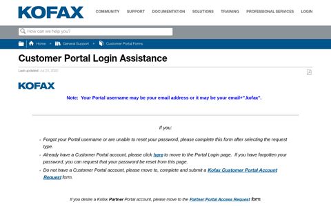 Customer Portal Login Assistance - Kofax