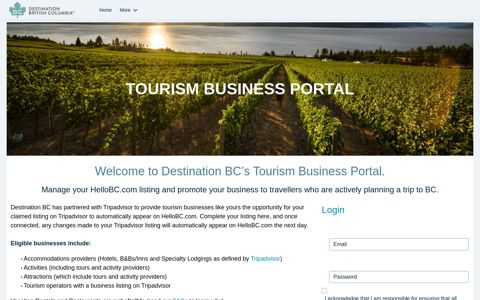 Welcome to Destination BC's Tourism Business Portal. - Login ...