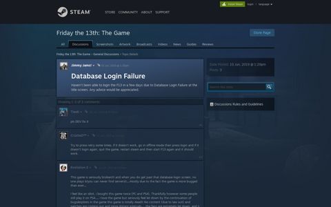 Database Login Failure :: Friday the 13th: The Game General ...