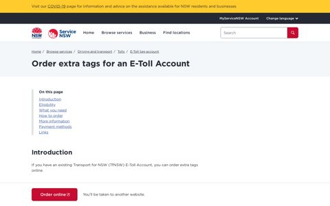 Order extra tags for an E-Toll Account | Service NSW