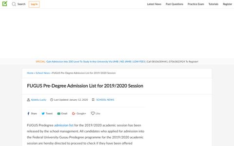 FUGUS Pre-Degree Admission List for 2019/2020 Session