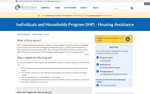 Individuals and Households Program (IHP ... - Benefits.gov