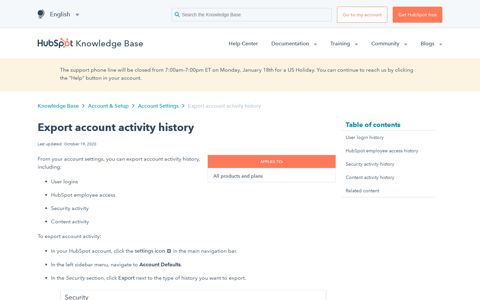 Export account activity history - HubSpot Knowledge Base