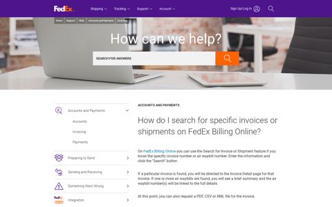 How do I search for specific invoices or shipments on FedEx ...